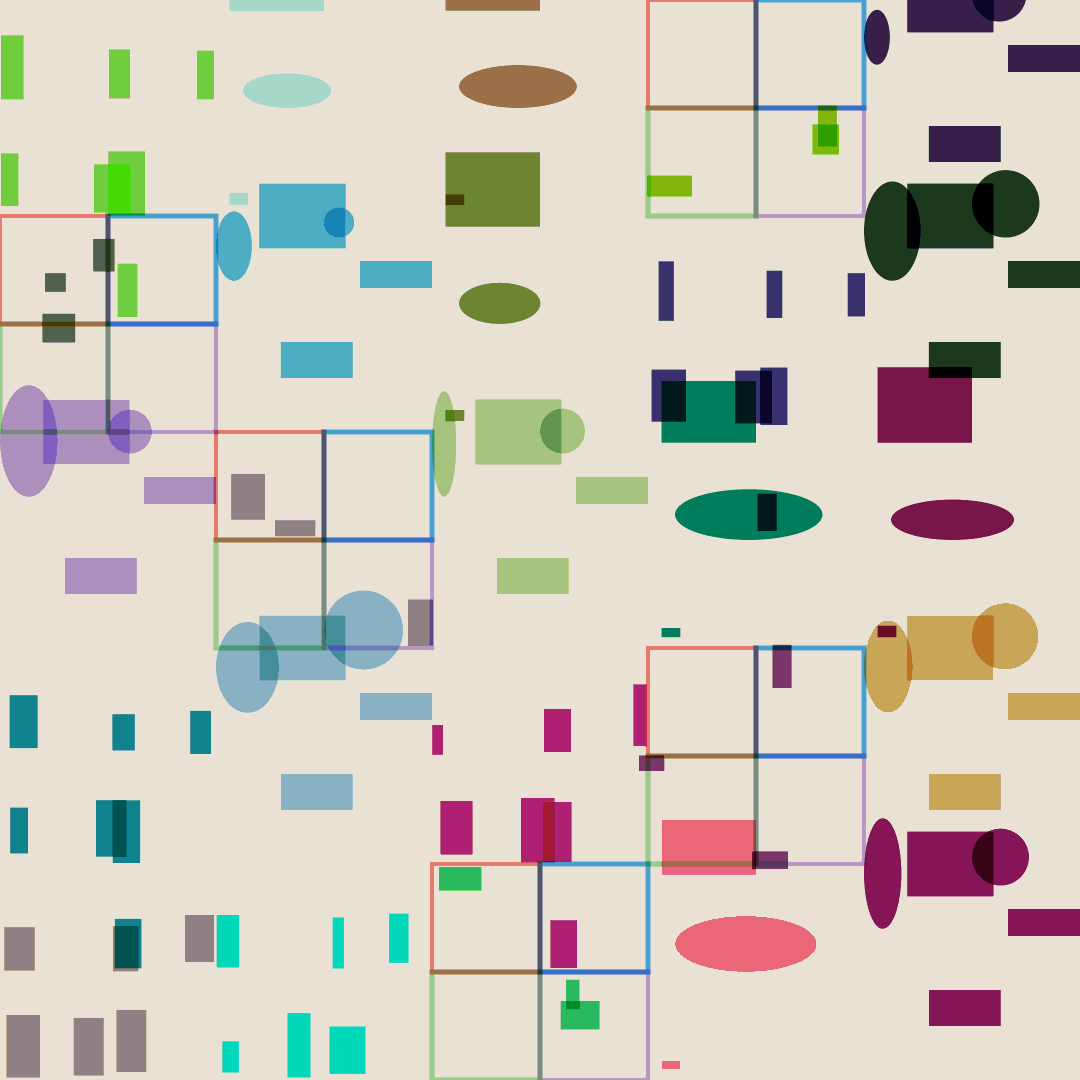 animation of different abstract patterns flashing about, each composition in a different color, on a light tan/beige background.