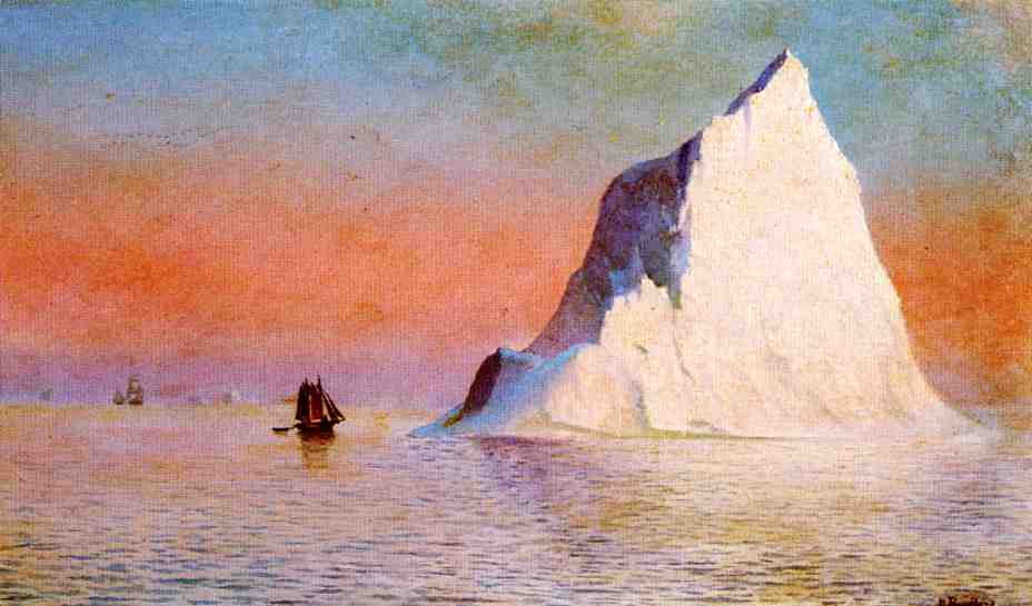 A 19th century oil painting of an iceberg. The sky is a mix of reds, pinks, and blues, which are reflected in the water. A wooden ship sails close to the iceberg and looks diminutive in comparison.