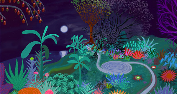 A dreamy illustration of a garden, mainly teal, green and dark purple with highlights in pink and blue.