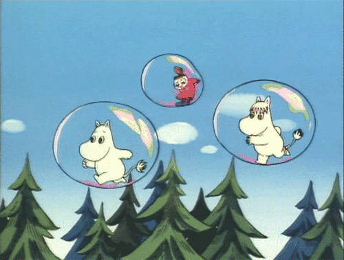 Moomintroll, Snorkmaiden, and Little My from the Moomins floating above treetops.