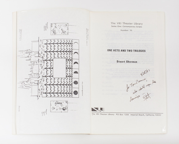 2013.06 Stuart Sherman : Proposed Sculptural Projects..., A copy of "One Acts and Two Trilogies" by Stuart Sherman inscribed to Thomas Zummer on April 25, 1987 2013.06 Stuart Sherman : Proposed Sculptural Projects..., A copy of "One Acts and Two Trilogies" by Stuart Sherman inscribed to Thomas Zummer on April 25, 1987