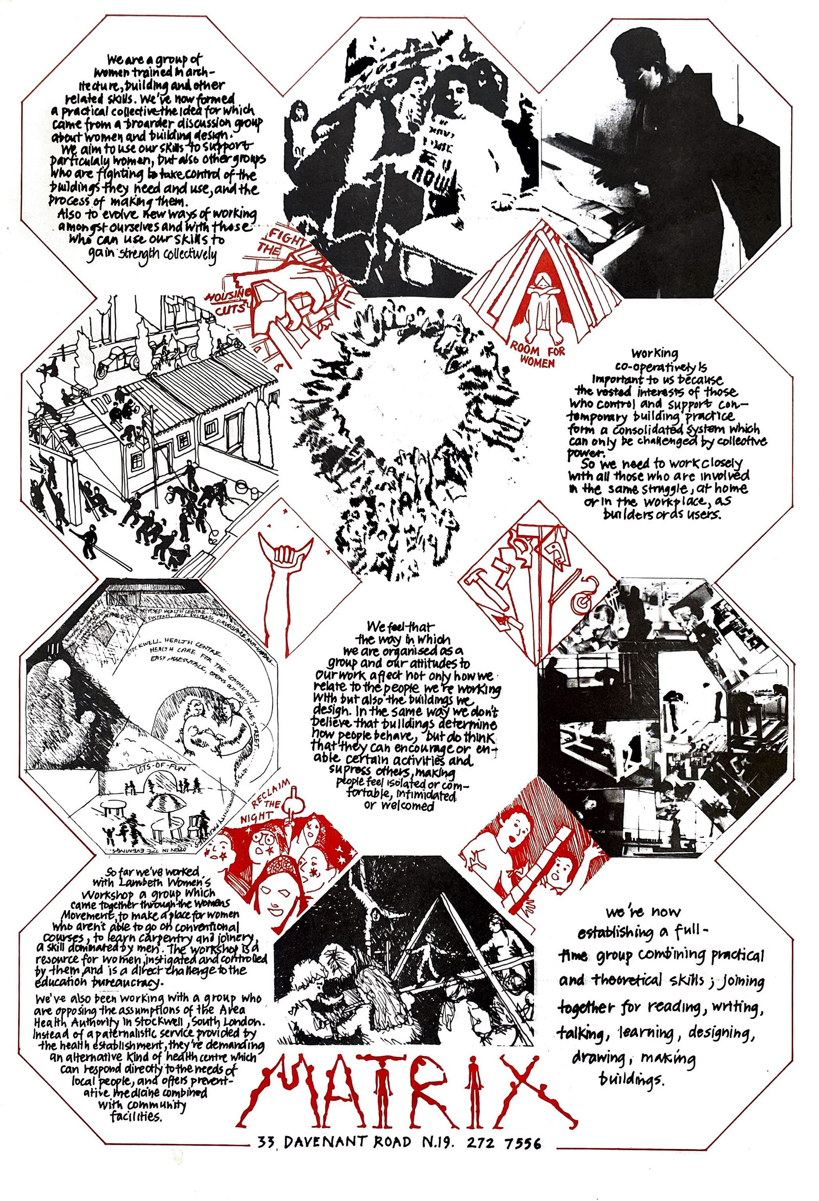 A promotional poster for Matrix, printed in black and red ink. It's composed of a grid of hexagons, some containing images, some with handwritten text and some with illustrations.