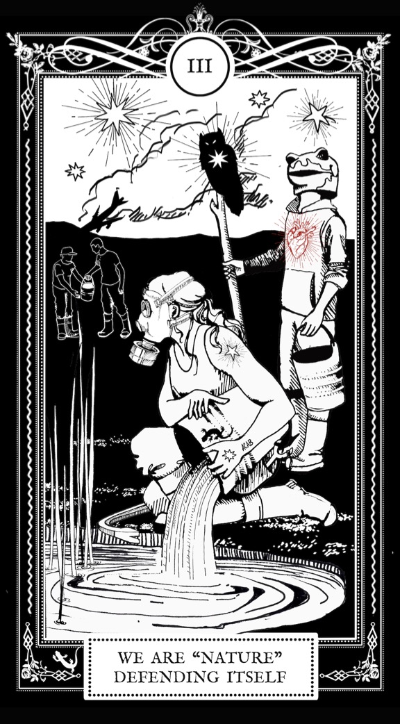 A black and white illustration from the inside cover of the book. It looks almost like a tarot card. There are stars in the sky and a foreboding owl infront. In the foreground, a woman with a gas mask on is emptying a bucket of water into a stream while she looks up into the distance. There are two figures in the background passing another bucket between each other.