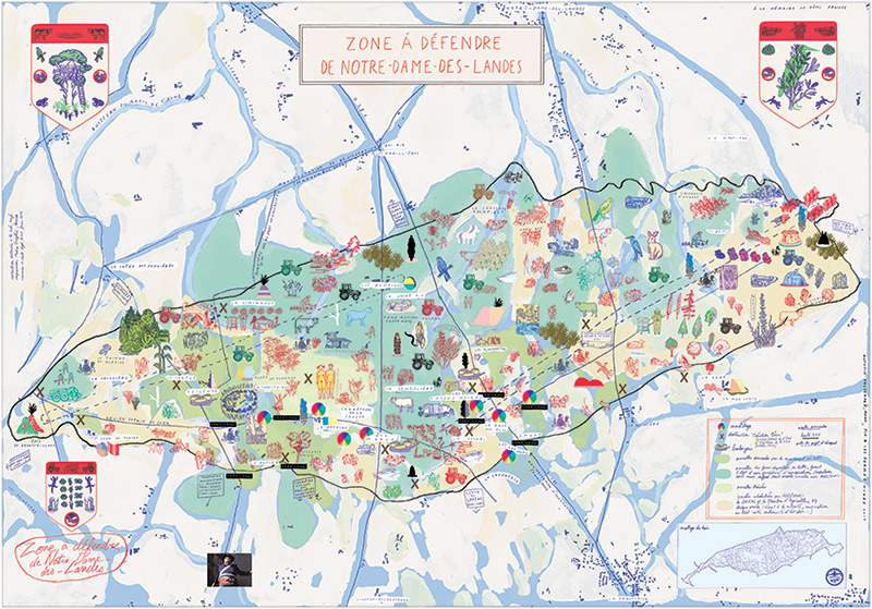 A hand-drawn map showing the various collectives, buildings and animals within the ZAD