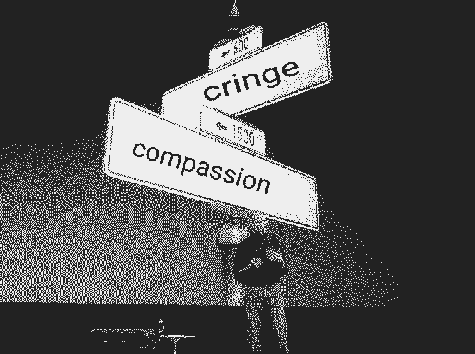 a black and white dithered image of Steve Jobs at a keynote presentation, with an image of a crossroads and the two paths 'cringe' and 'compassion' marked out.