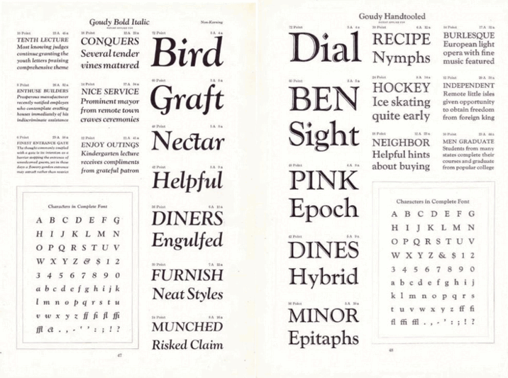 Animated gif of specimens of different typefaces contained in the pages of 1923 American Type Founders Specimen Book & Catalogue ebook on Internet Archive.