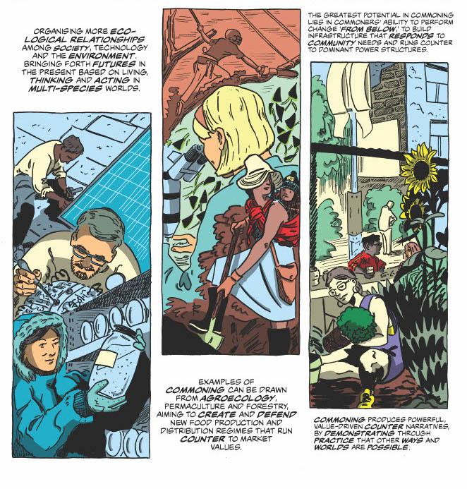 An excerpt from the comic. It has three panels showing people building solar panels, doing scientific stuff, farming, gardening and forestry.