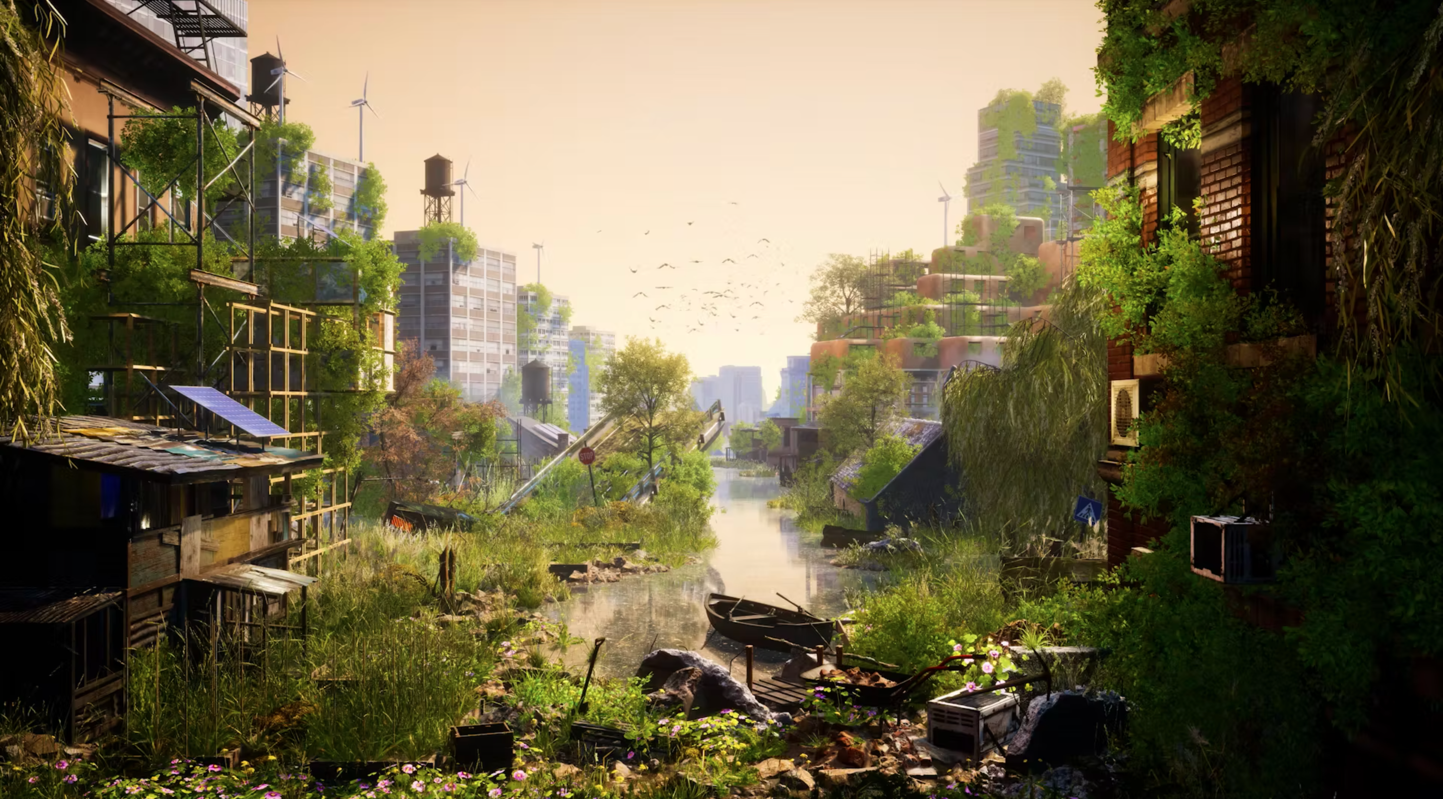 Still from an ambient video. It shows a future city that is clearly in a world of increased temperatures and sea level rise. Although the buildings are a bit run-down and patchily repaired, there are high tech elements like solar panels and wind turbines. It looks like nature has taken back the city somewhat, with lush green plants growing on every surface and birds in the distance.
