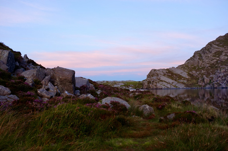 Now you can barely see the lake. The sky is soft blue and pink, which makes the heather in the foreground seem even more purple.