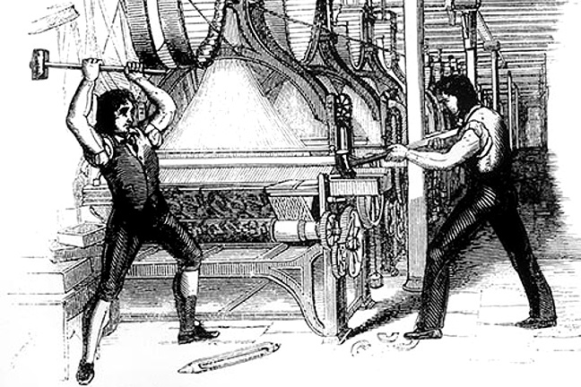 A black and white print of two Luddites smashing machines.
