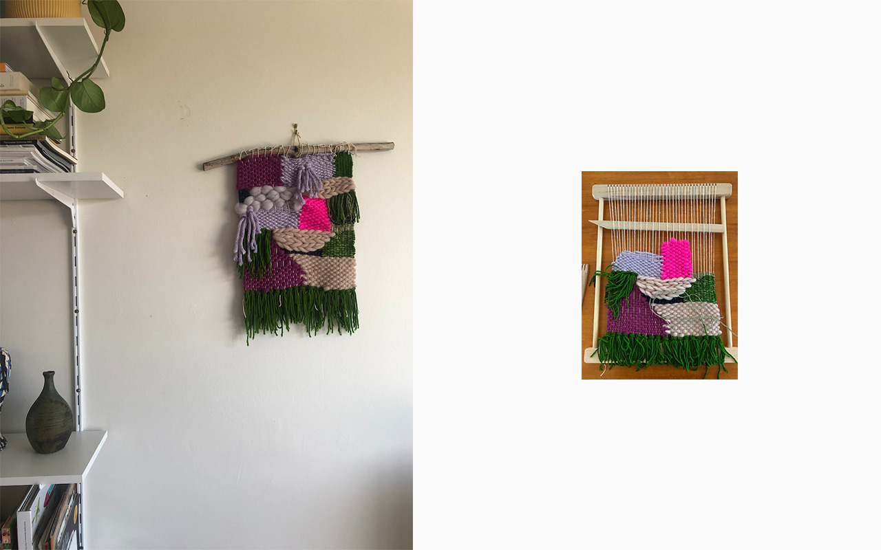Two photos of the same weaving. On the left is the finished piece, hanging in their living room. On the right is the work in progress: dark green, mauve, beige, lavender and fluoro pink