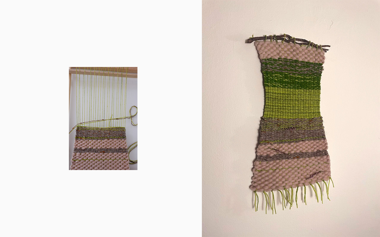 This weaving is narrow, made of light and dark green, beige and brown-grey wool.