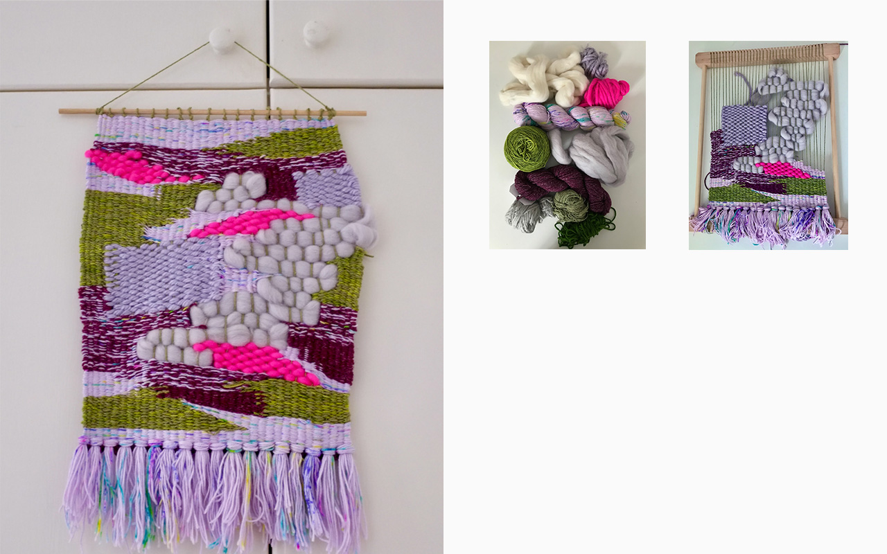 On the left is the finished piece: pastel purple and pink with grey, green, grape and pink. On the right are two work in progress images.