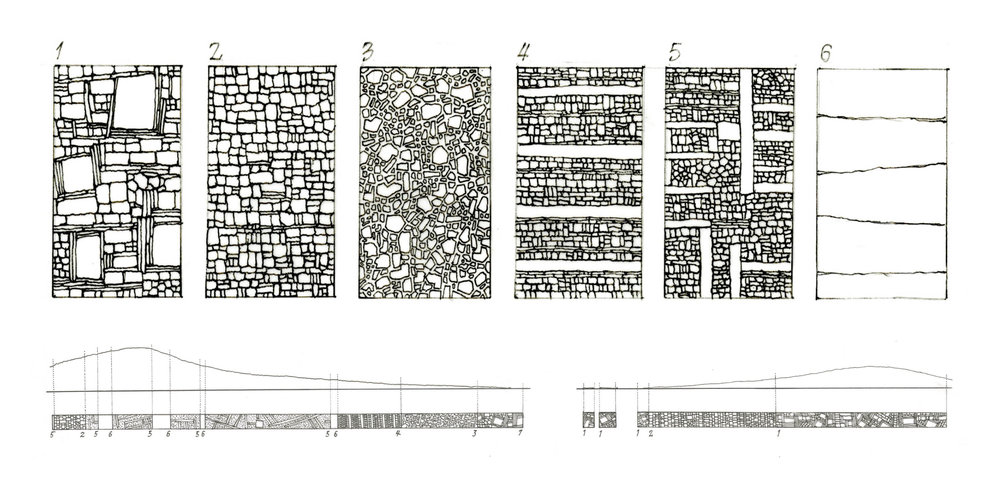 Detail sketches by Pikionis showing permutations of the stone patterns.