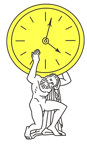 Illustration from the cover of Four Thousand Weeks. A classical statue is being crushed by the weight of a clock.