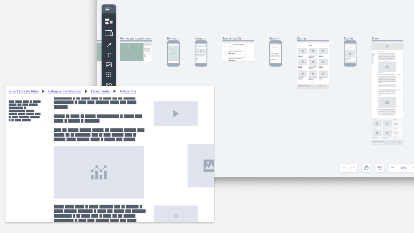 Screenshots of early wireframes in Miro.