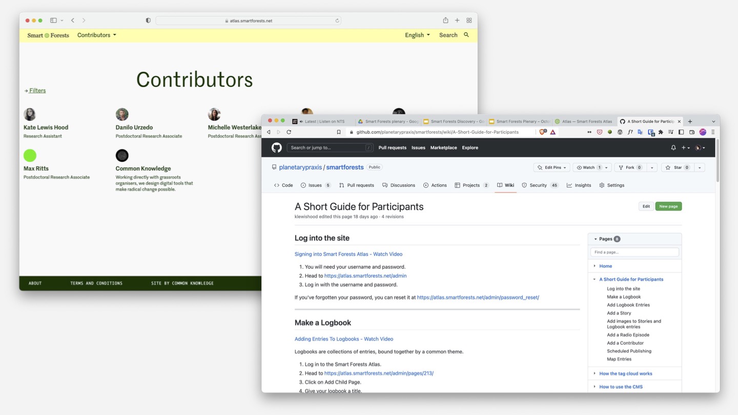 Screenshots of the Contributors page on the Atlas and the participant guide on GitHub.