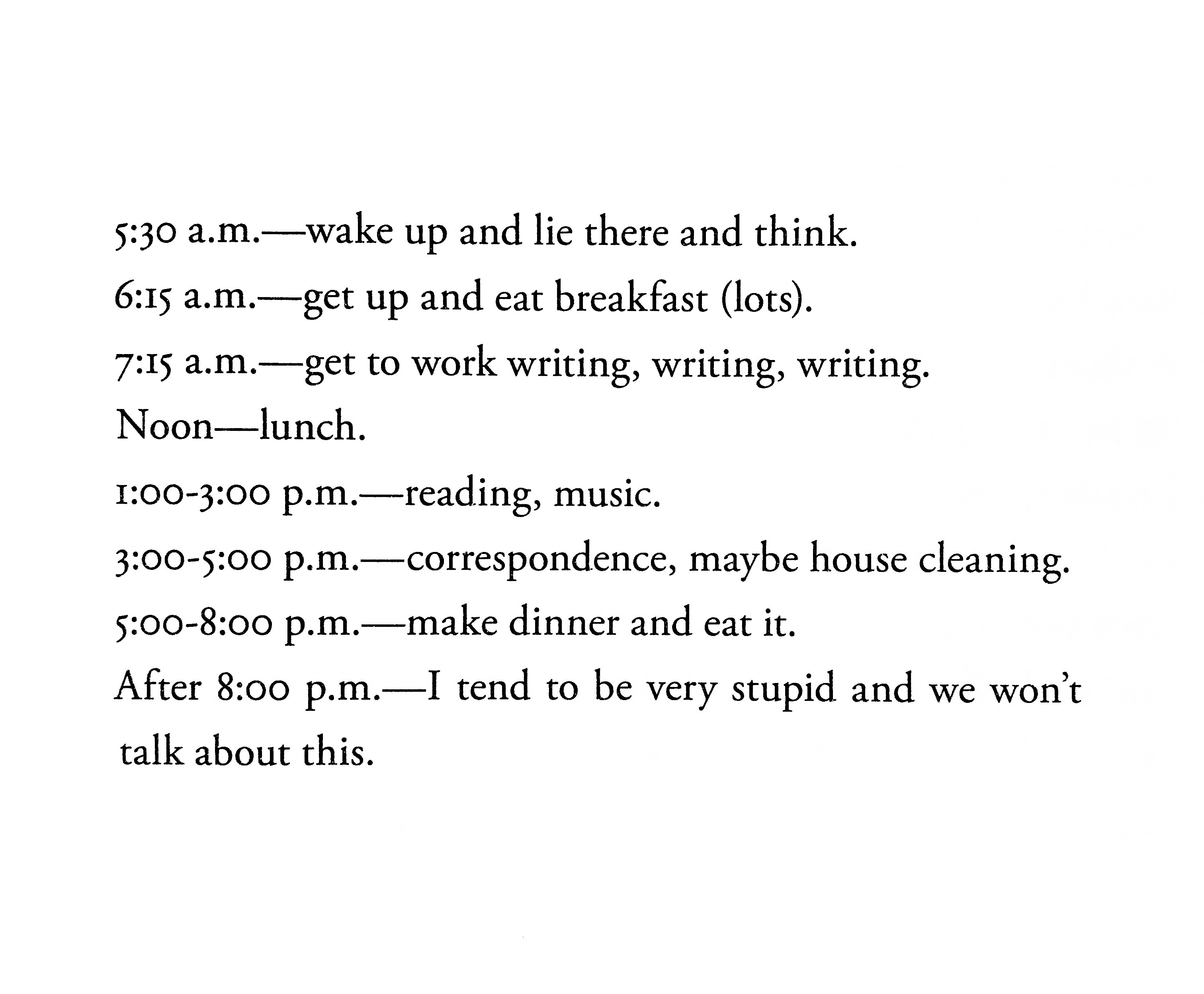 A timetable of the author Ursula Le Guin's daily routine.