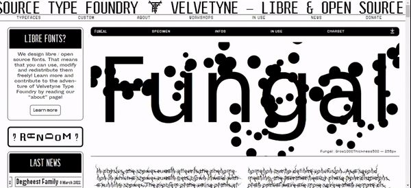 Scrolling Velvetyne Foundry featuring specimen of the free font Fungal, a variable fork of DejaVu Sans  