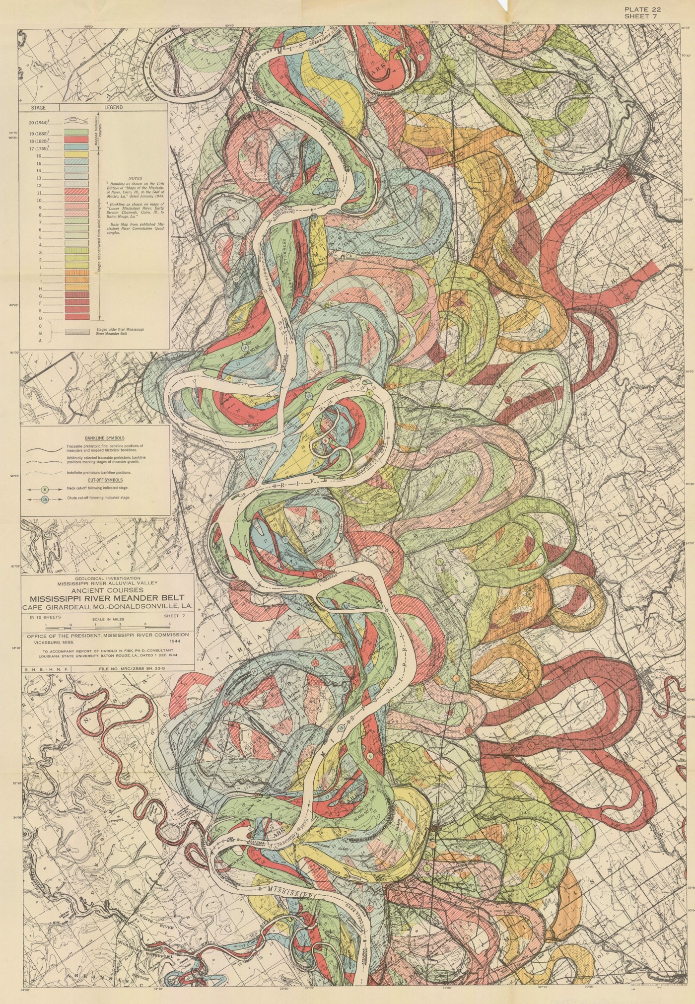 An intricate map of the Mississipi River, with layers and layers of the river superimposed in different pastel colours.