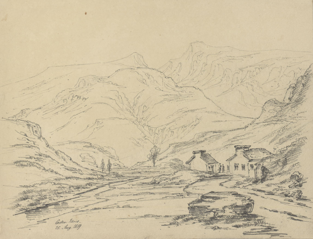 A sketch of Cadair Idris from 1819. There are two small houses in the foreground with the mountains rising behind.