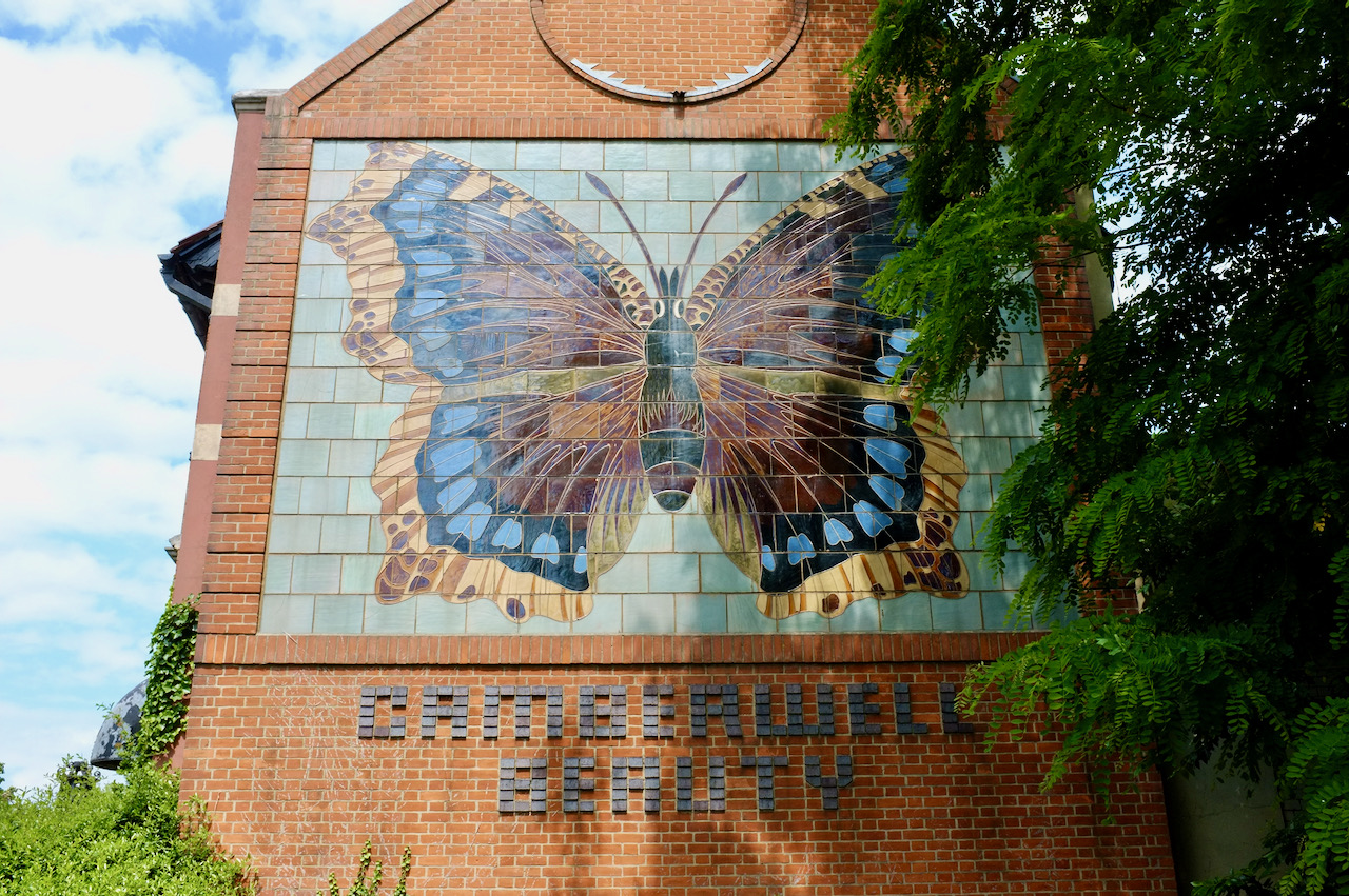 A mural of a maroon, blue and gold butterfly that says "Camberwell Beauty".