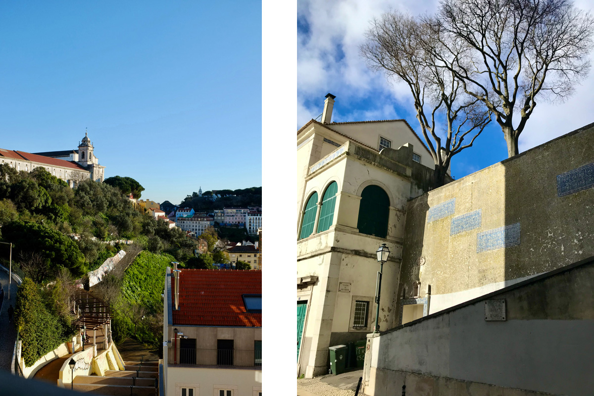 Two photos from around Lisbon. Left: there's a park in the foreground and a church above on the hill. Right: Two trees stand above a building with green arched windows and a staircase.