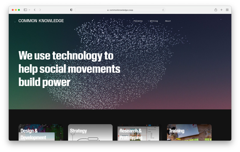 Screenshot of the new Common Knowledge homepage. The tagline says "We use technology to help social movements build power."