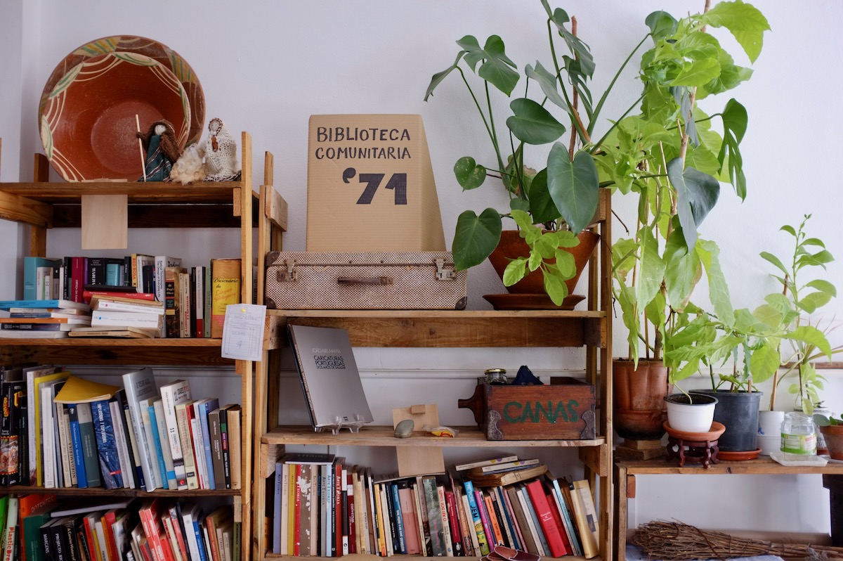 The shelves of their communal library.