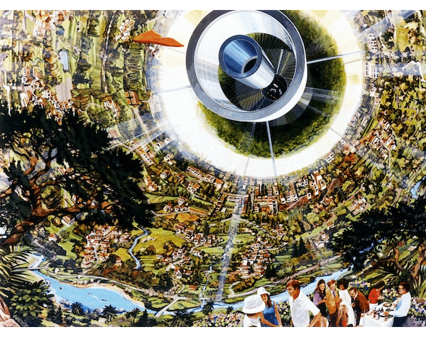 Animated gif.
Illustration by Rick Guidice of a double cylinder colony. 
Illustration by Don Davis of the exterior of a toroidal colony.
Illustration by Rick Guidice of a colony with a cutaway view.
Illustration by Rick Guidice of a colony's windows. 