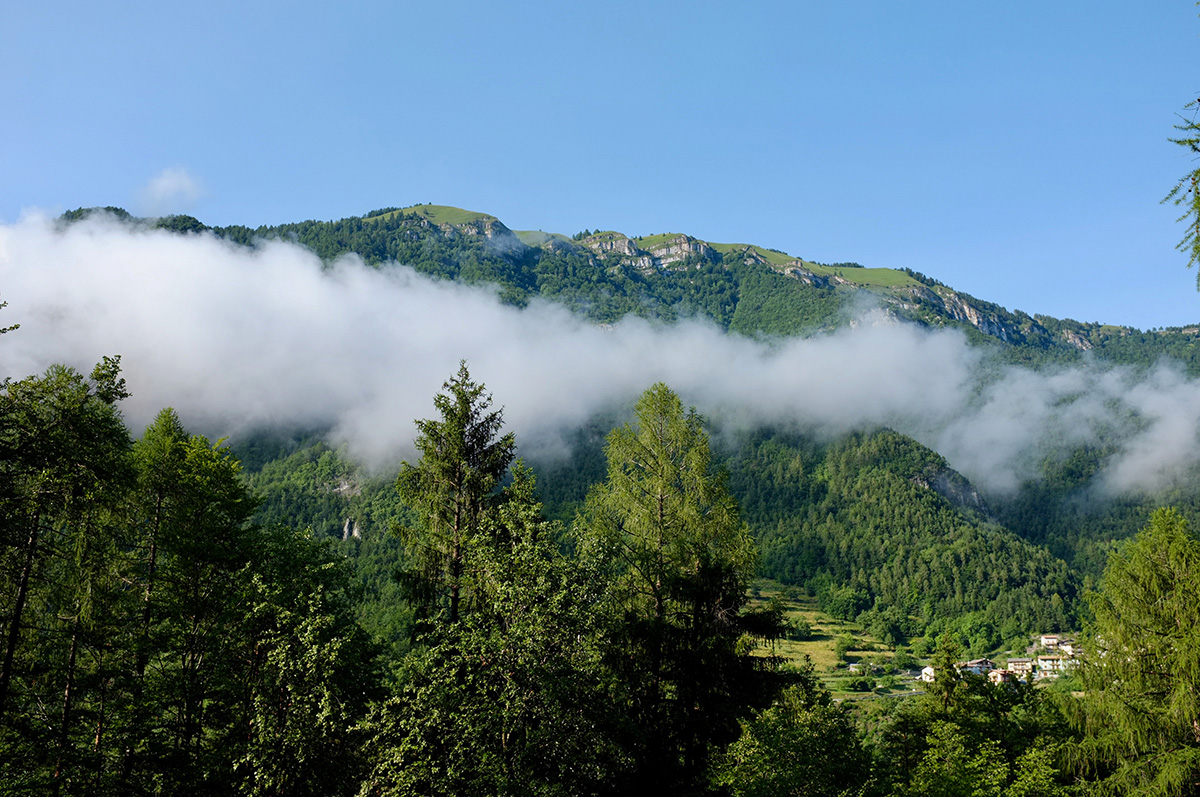 Clouds hanging low over the mountain.