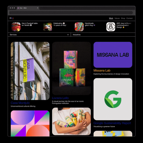 Animated gif featuring a rotating browser on black background, offering as a free template. White text: Our website is now open source. The website has a grid in different sizes of squares and rectangles, in one example page are fixed and in other is possible to scroll to get more. 