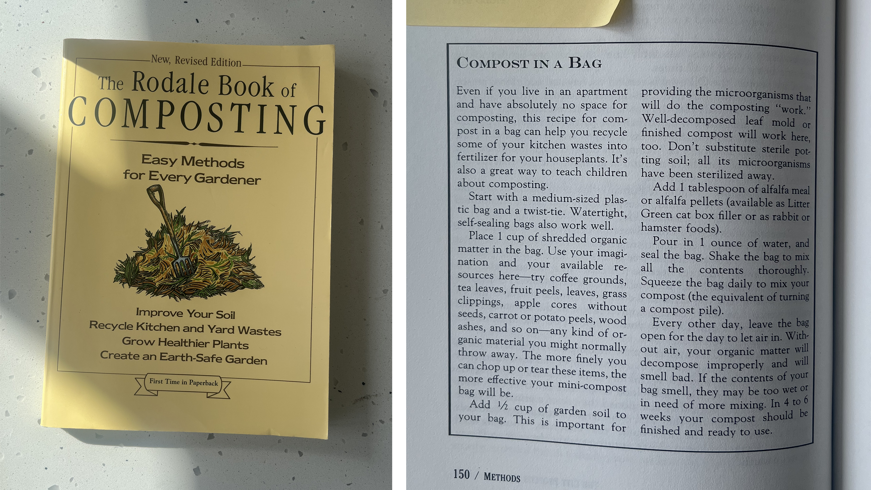 Picture of the front cover of the book and a page from the inside with instructions for composting in a bag