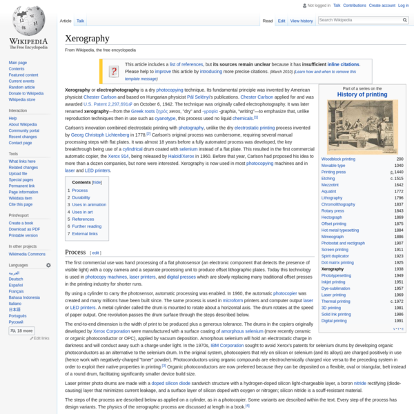 Xerography or electrophotography is a dry photocopying technique. Its fundamental principle was invented by American physicist Chester Carlson and based on Hungarian physicist Pál Selényi's publications. Chester Carlson applied for and was awarded U.S. Patent 2,297,691 on October 6, 1942. The technique was originally called electrophotography.