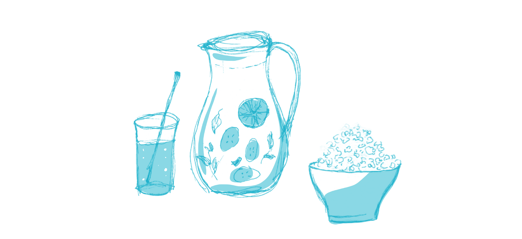 crit could include nourishment; drawings of a pitcher with fruit, a glass with straw, a bowl of popcorn