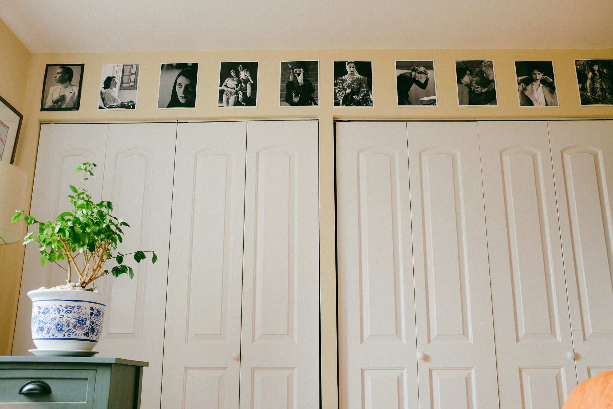 10 “heroines” letter-sized posters on bedroom wall + jasmine plant