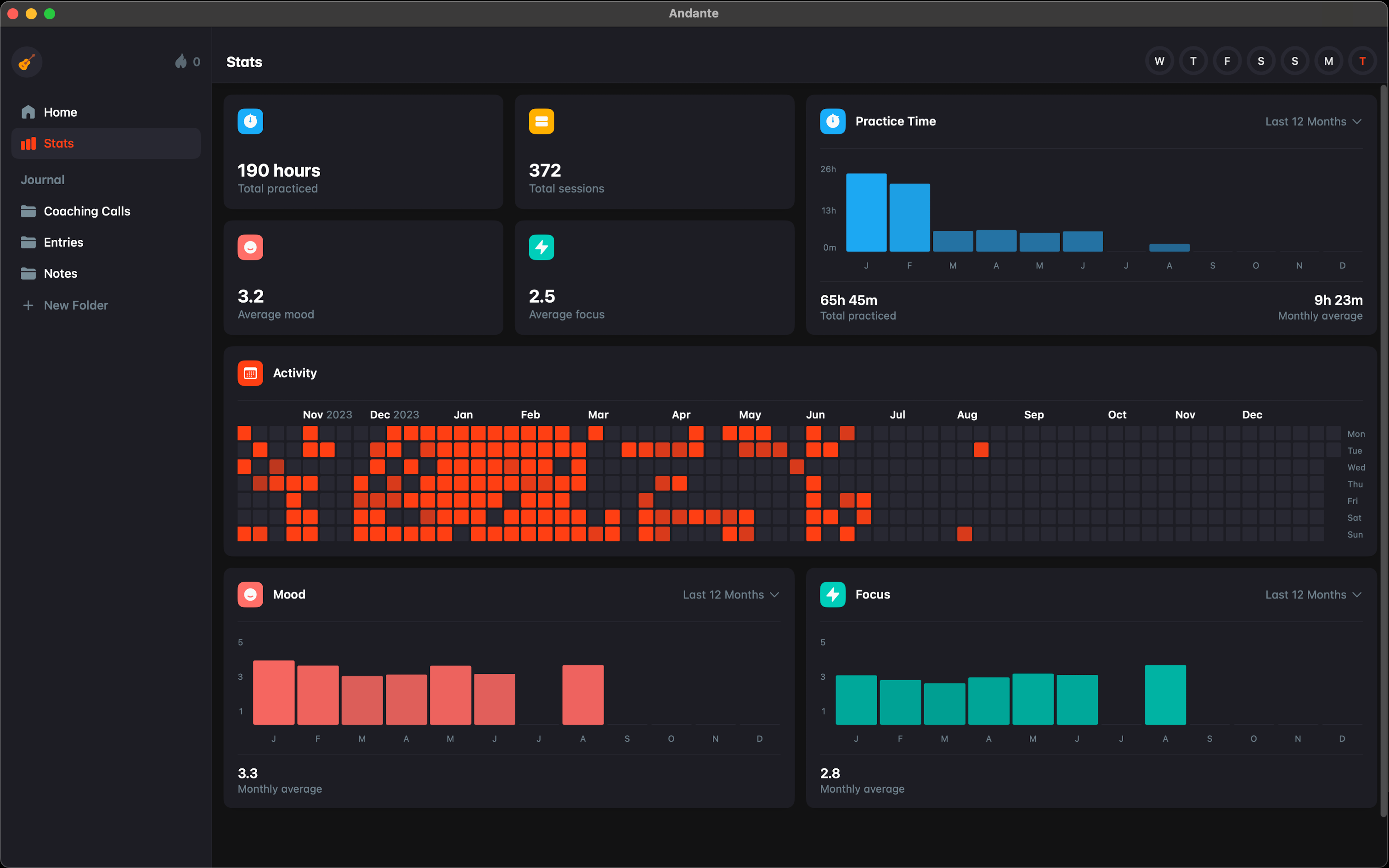 Screenshot of Andante app and a dashboard of stats on how many hours I practiced