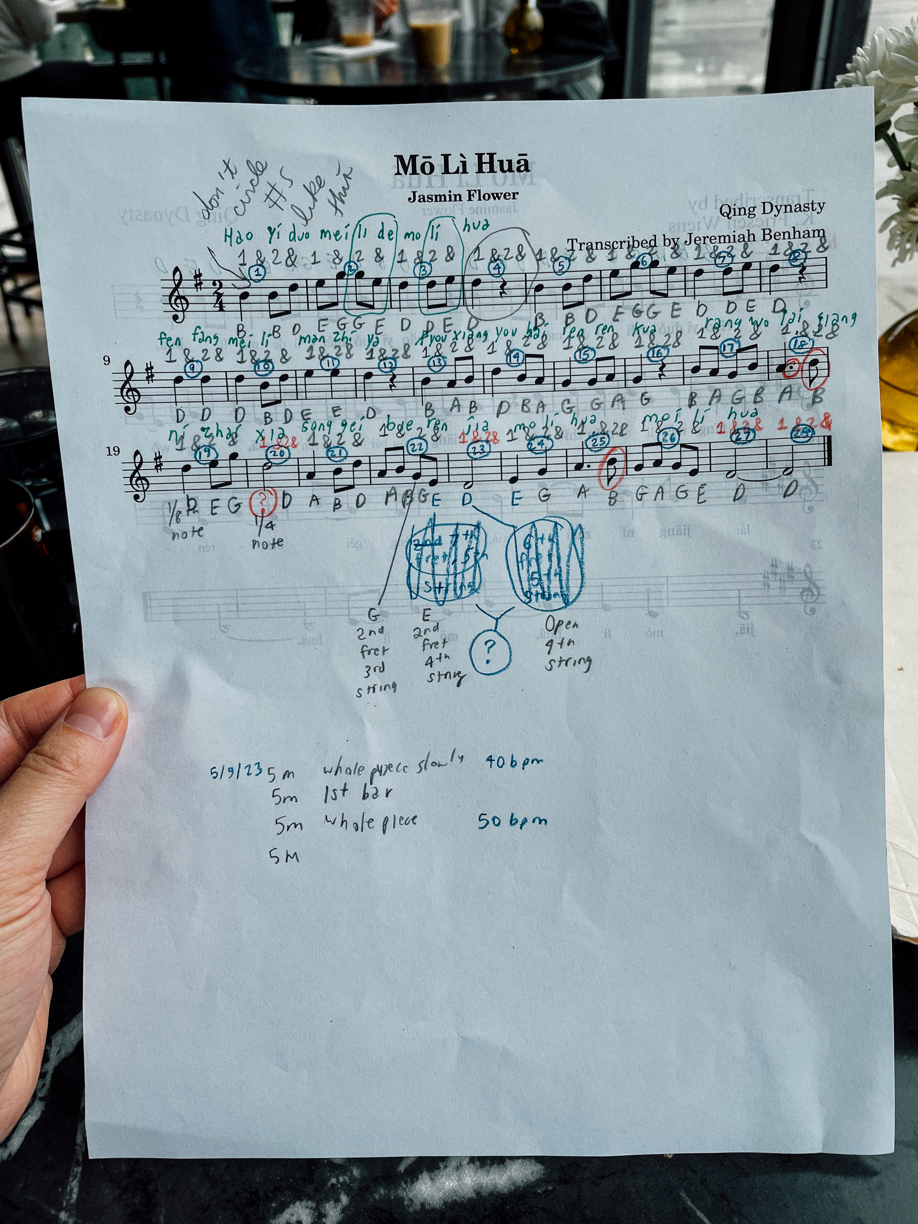 A heavily annotated page of sheet music for “Jasmine Flower”