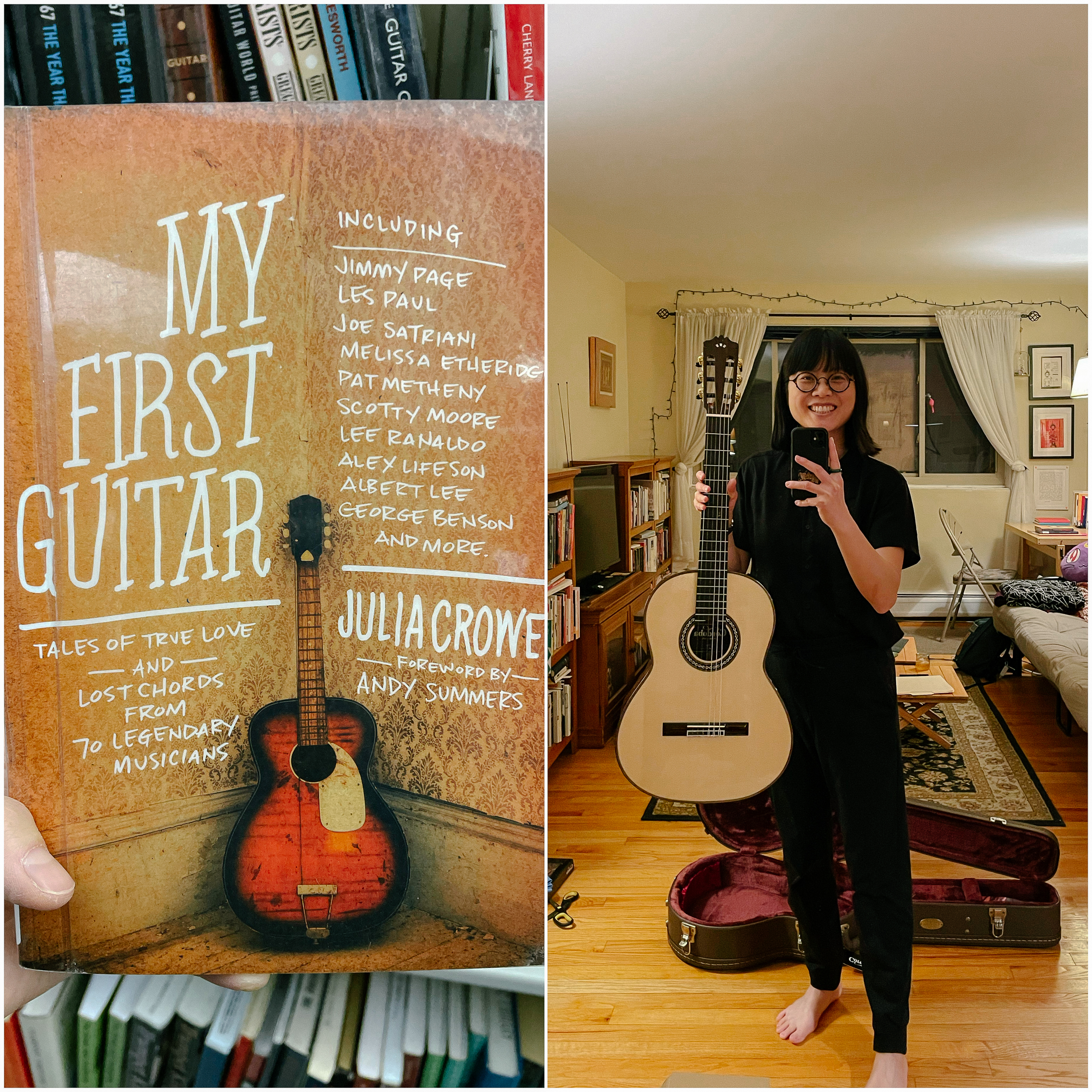 Side-by-side photo of My First Guitar (book) and me holding my first guitar, smiling