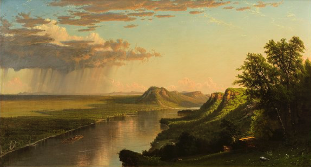 Alfred Thompson Bricher, On the Mississippi Near Winona, Minnesota – Shower Clearing, 1868. Oil on canvas. Private collection, Minnesota Marine Art Museum, Winona, MN, USA. Landscape painting of a river with mountains