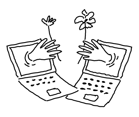 Hands reaching out from two screens, holding flowers.