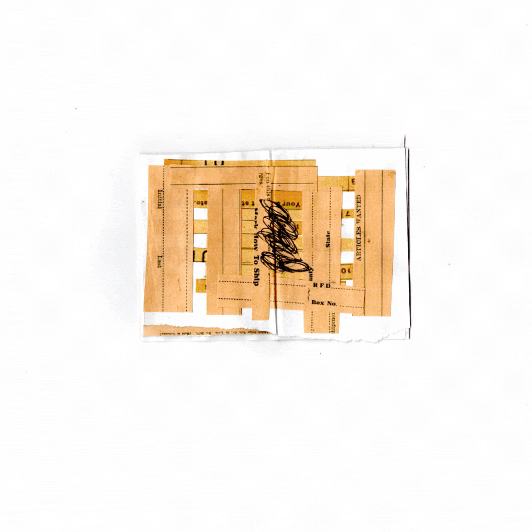 A .gif (looping set of images) reveals a zine that flips from two, four, and eight pages, against a white background. Scribbles layered over collaged scraps remain the focus, as warm colors of orange, green, creme, and blue flash between each image.