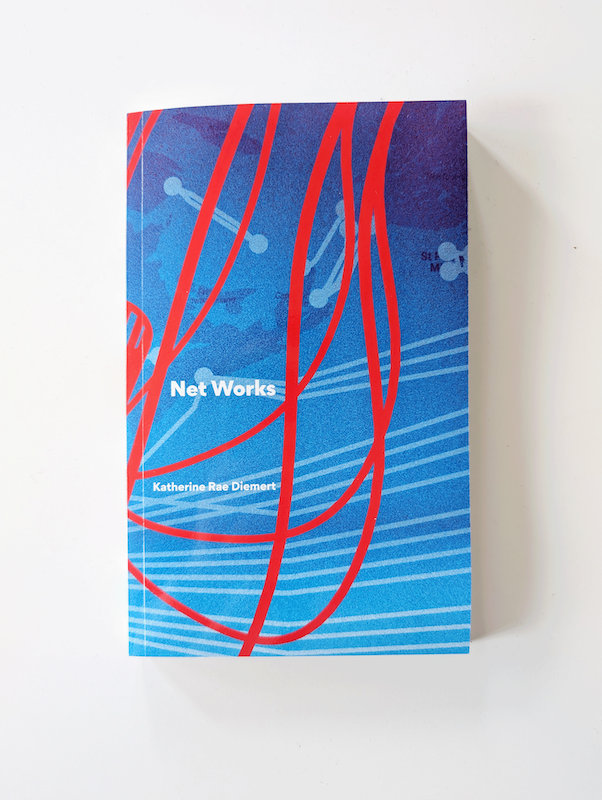 The front cover of my book, Net Works, with curving red lines imposed on a blue background map of lines extending from Nova Scotia and across the ocean