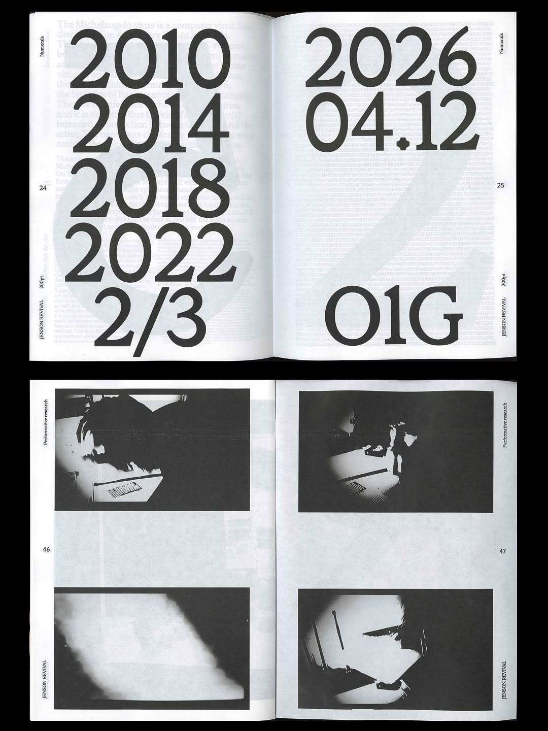 Editorial design spread from a type specimen or design publication featuring large serif numerals in a stacked, typographic composition on the left page, followed by high-contrast black-and-white photographs of hands and objects in dramatic lighting…