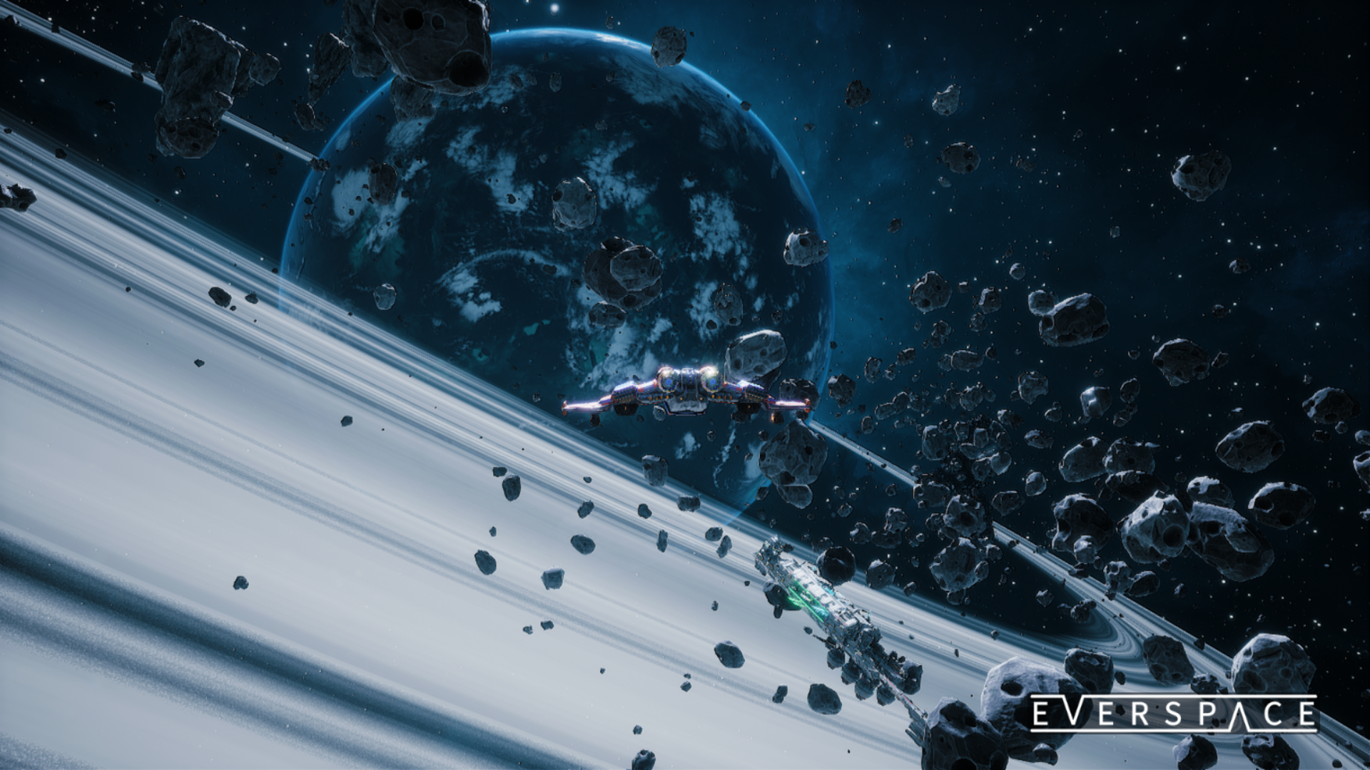 A screenshot of the game everspace, you spaceship on space positioned in the middle of the screen facing the background where is a blue, Jupiter like, planet. there pieces of rocks around.