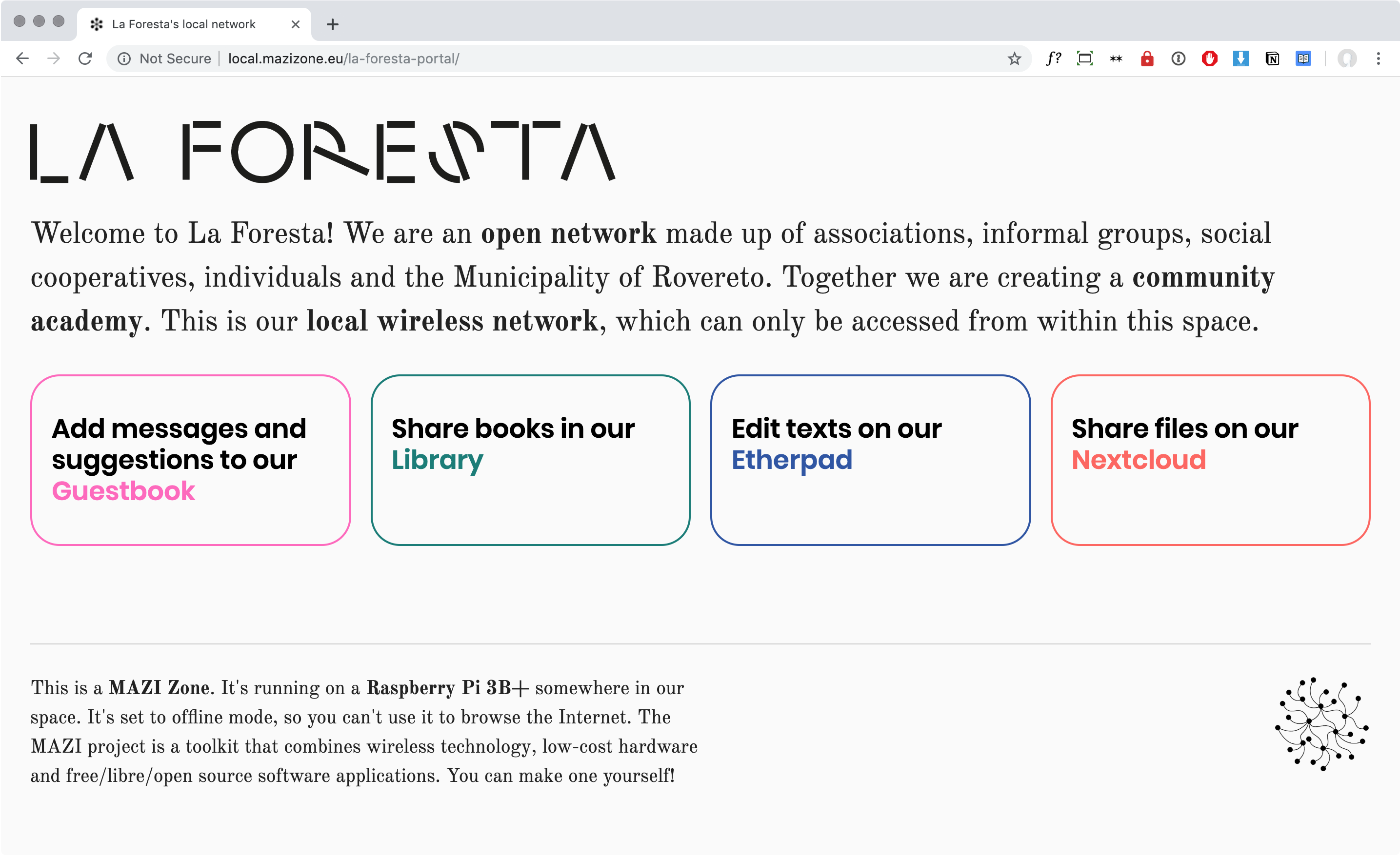 A screenshot showing homepage portal for La Foresta's local network