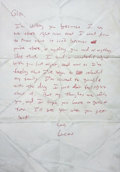 Glen Fogel, From Lucas (date unknown, red ink), 2012 Glen Fogel, From Lucas (date unknown, red ink), 2012