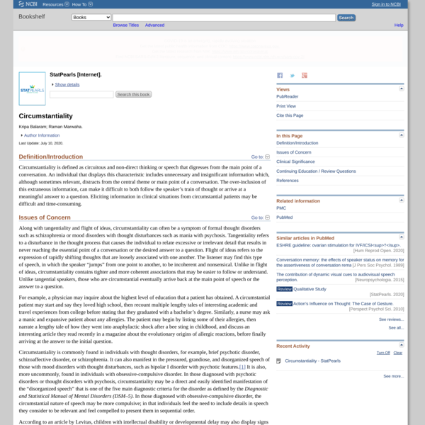 Circumstantiality - StatPearls - NCBI Bookshelf — Are.na